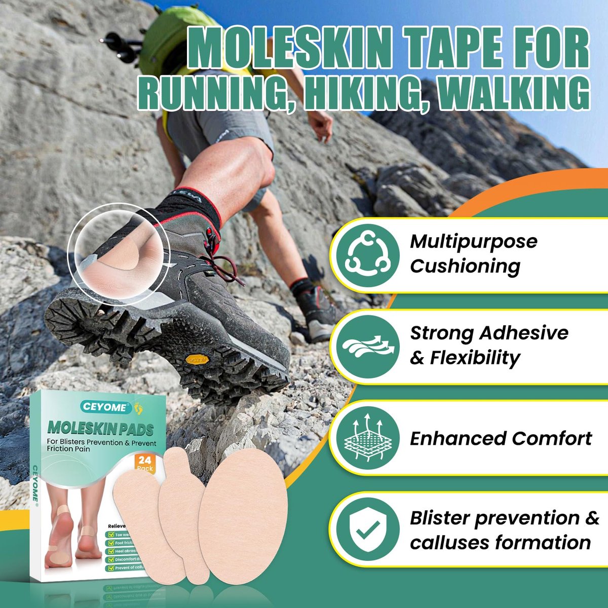 Moleskin für Füße & Blasenpflaster – 24 Stück Moleskin Polster für Schuhe, Zehen & Ferse | Anti-Friktions-Tape für Walking, Laufen & Sport – Sortiert