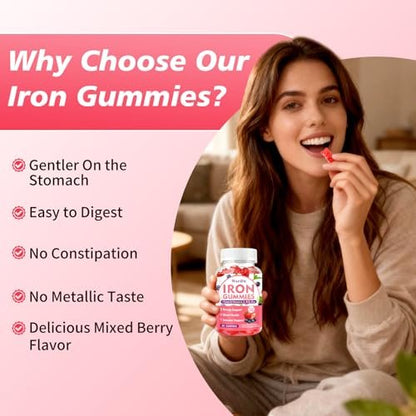 Eisen Gummibärchen für Frauen, Männer & Kinder – Veganes Eisenpräparat mit Vitamin C, B12, Folsäure für Energie & Immunsystem, Zuckerfrei, 60 Gummis (1 Packung)