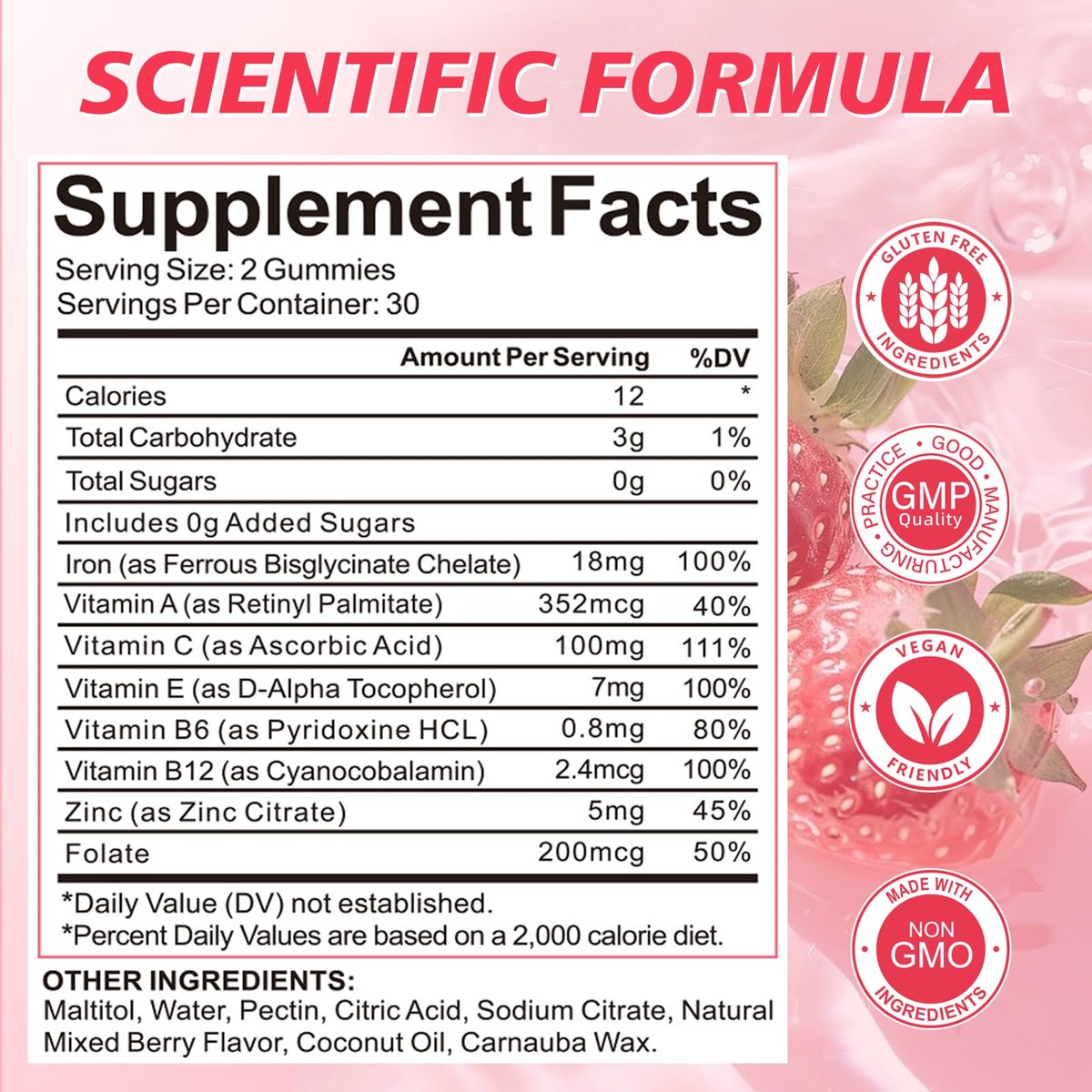 Eisen Gummibärchen für Frauen, Männer & Kinder – Veganes Eisenpräparat mit Vitamin C, B12, Folsäure für Energie & Immunsystem, Zuckerfrei, 60 Gummis (1 Packung)