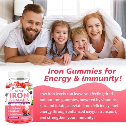 Eisen Gummibärchen für Frauen, Männer & Kinder – Veganes Eisenpräparat mit Vitamin C, B12, Folsäure für Energie & Immunsystem, Zuckerfrei, 60 Gummis (1 Packung)