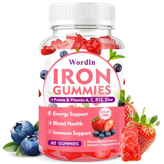 Eisen Gummibärchen für Frauen, Männer & Kinder – Veganes Eisenpräparat mit Vitamin C, B12, Folsäure für Energie & Immunsystem, Zuckerfrei, 60 Gummis (1 Packung)