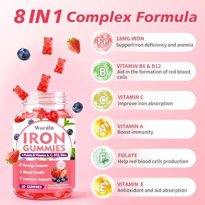 Eisen Gummibärchen für Frauen, Männer & Kinder – Veganes Eisenpräparat mit Vitamin C, B12, Folsäure für Energie & Immunsystem, Zuckerfrei, 60 Gummis (1 Packung)