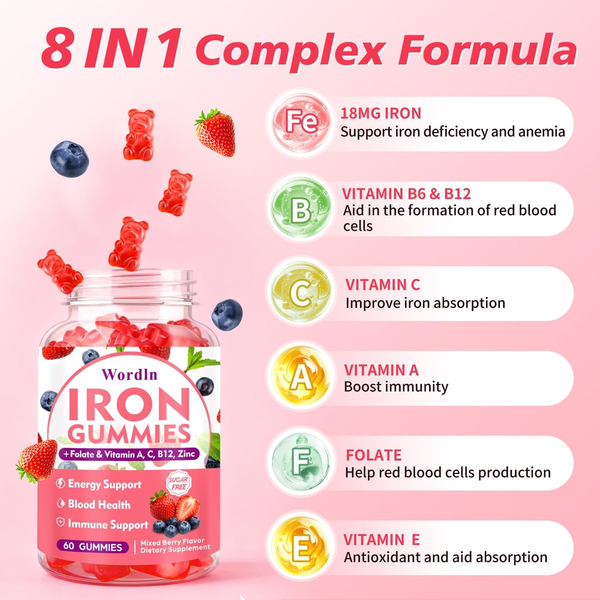 Eisen Gummibärchen für Frauen, Männer & Kinder – Veganes Eisenpräparat mit Vitamin C, B12, Folsäure für Energie & Immunsystem, Zuckerfrei, 60 Gummis (1 Packung)
