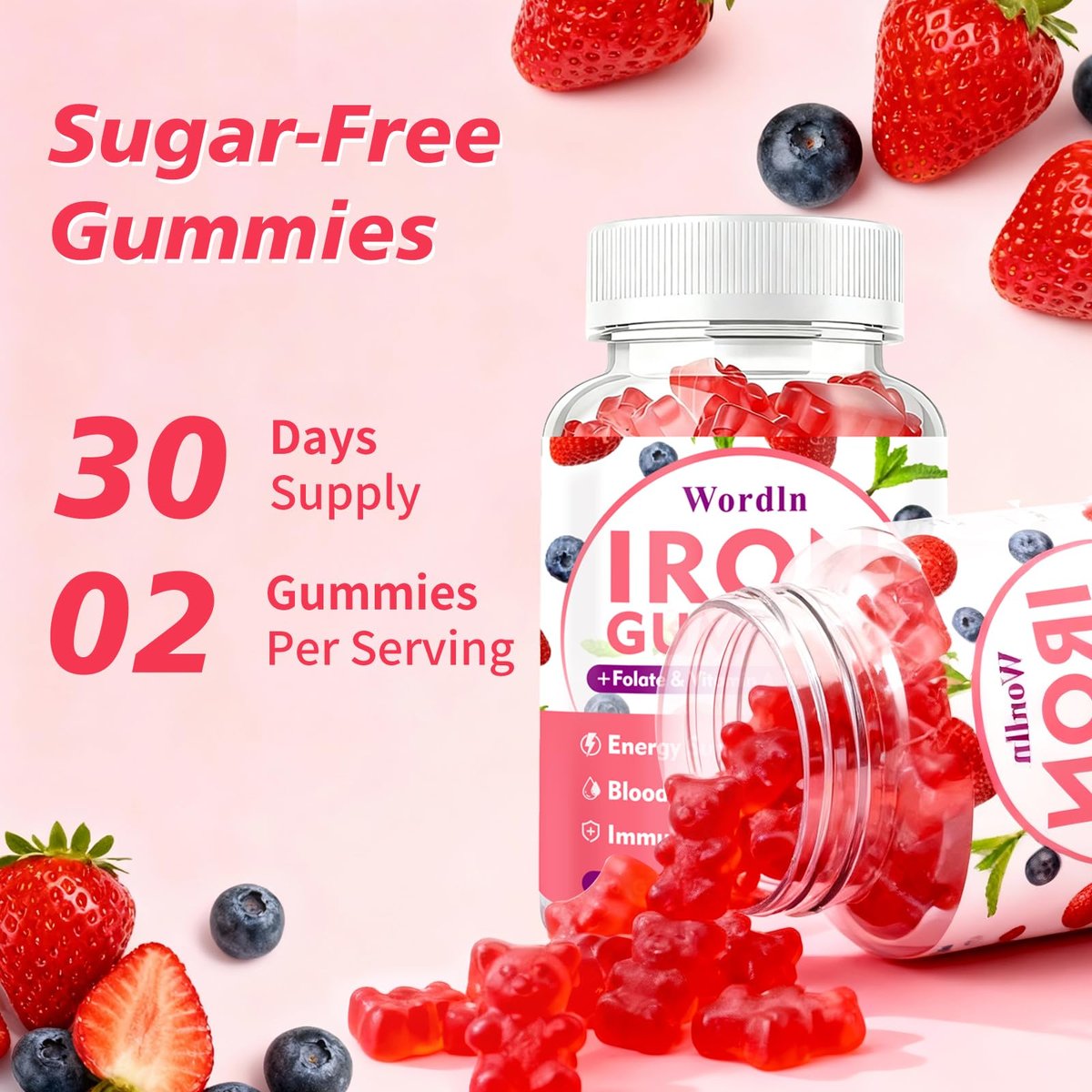 Eisen Gummibärchen für Frauen, Männer & Kinder – Veganes Eisenpräparat mit Vitamin C, B12, Folsäure für Energie & Immunsystem, Zuckerfrei, 60 Gummis (1 Packung)