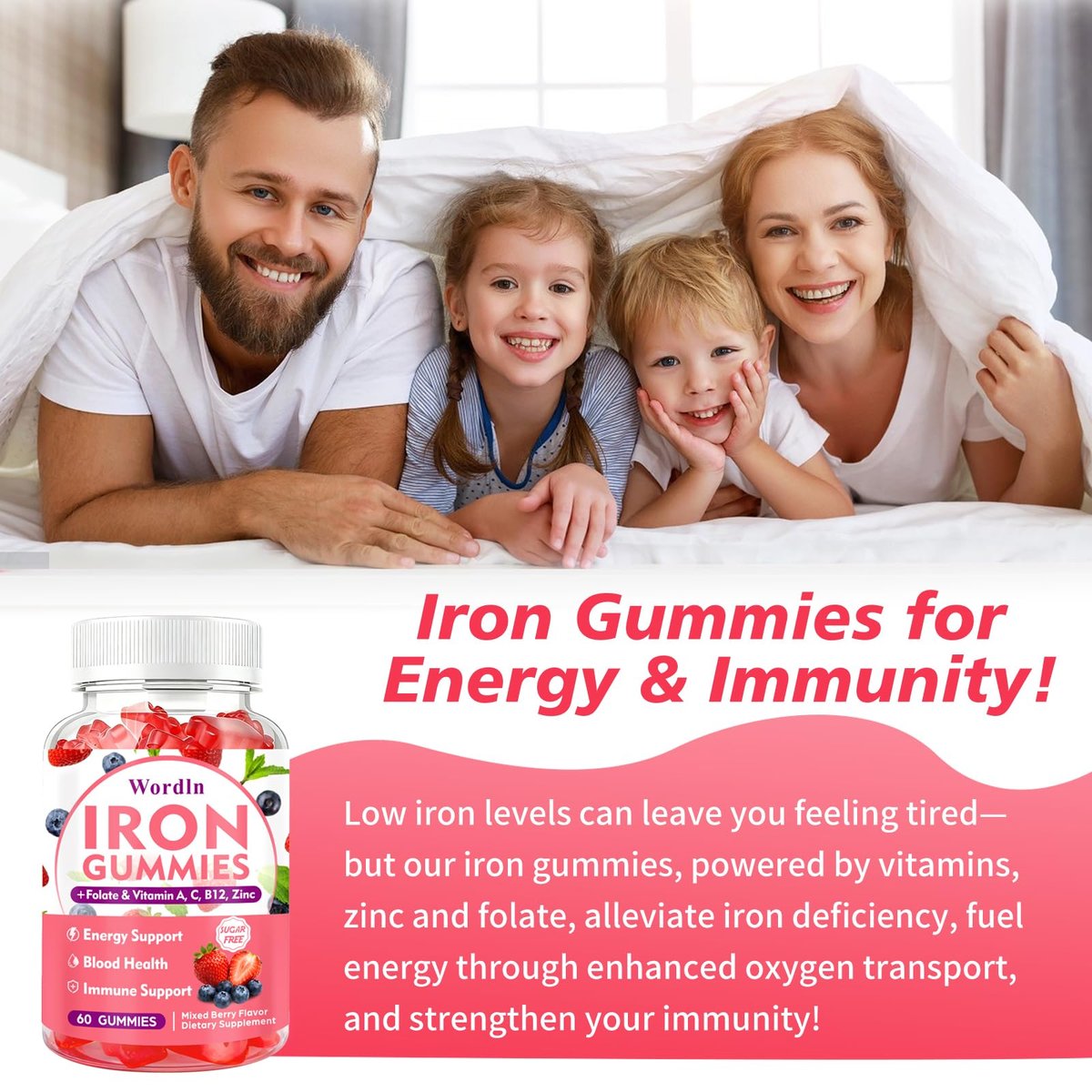 Eisen Gummibärchen für Frauen, Männer & Kinder – Veganes Eisenpräparat mit Vitamin C, B12, Folsäure für Energie & Immunsystem, Zuckerfrei, 60 Gummis (1 Packung)