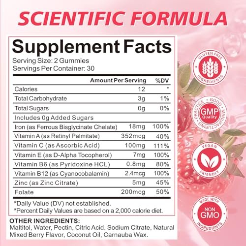 Eisen Gummibärchen für Frauen, Männer & Kinder – Veganes Eisenpräparat mit Vitamin C, B12, Folsäure für Energie & Immunsystem, Zuckerfrei, 60 Gummis (1 Packung)