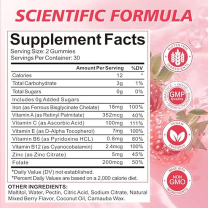 Eisen Gummibärchen für Frauen, Männer & Kinder – Veganes Eisenpräparat mit Vitamin C, B12, Folsäure für Energie & Immunsystem, Zuckerfrei, 60 Gummis (1 Packung)