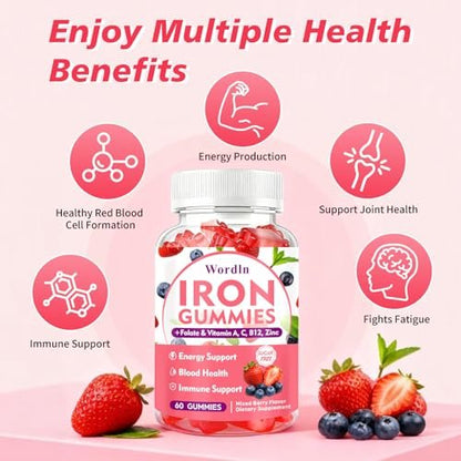 Eisen Gummibärchen für Frauen, Männer & Kinder – Veganes Eisenpräparat mit Vitamin C, B12, Folsäure für Energie & Immunsystem, Zuckerfrei, 60 Gummis (1 Packung)