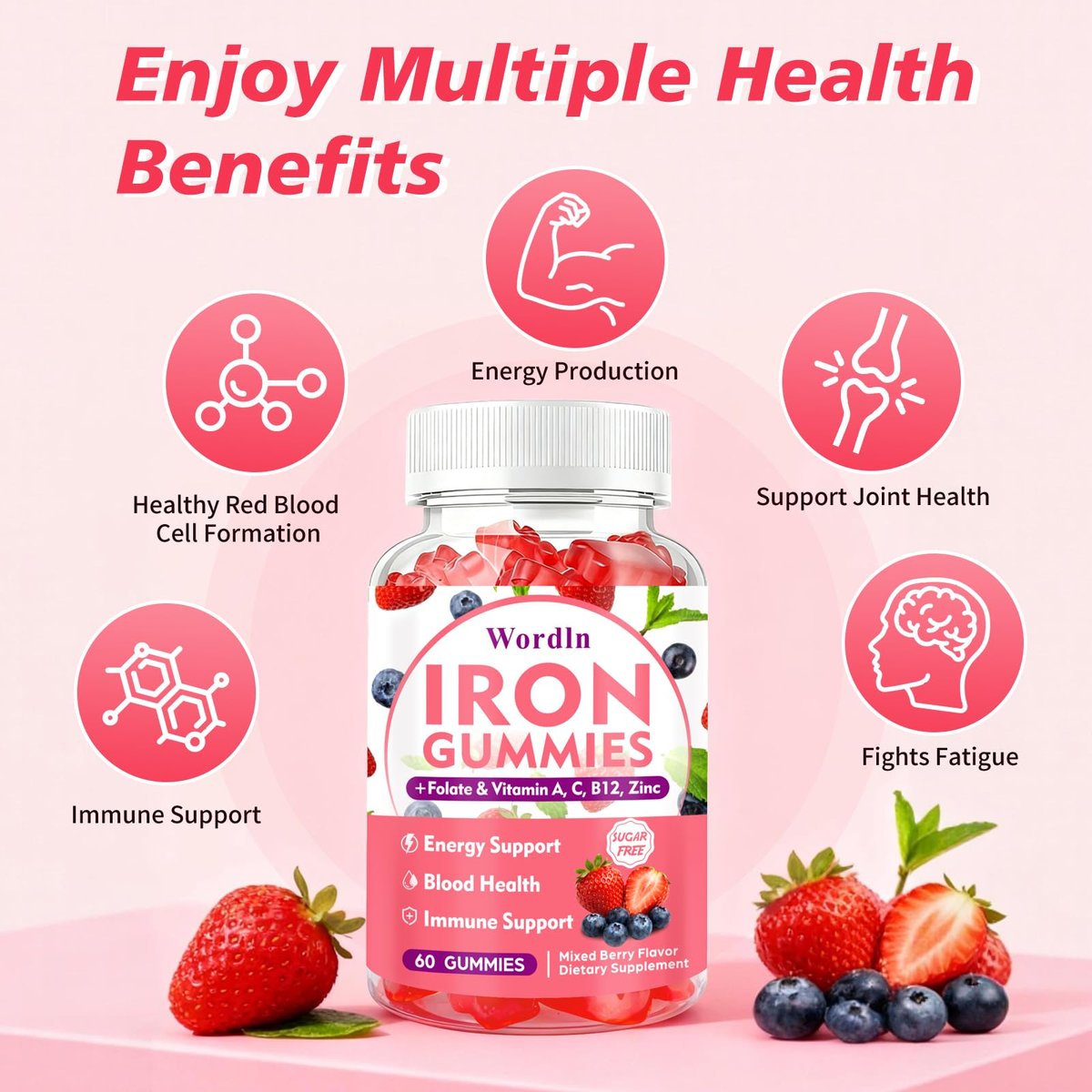 Eisen Gummibärchen für Frauen, Männer & Kinder – Veganes Eisenpräparat mit Vitamin C, B12, Folsäure für Energie & Immunsystem, Zuckerfrei, 60 Gummis (1 Packung)