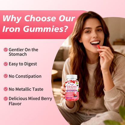 Eisen Gummibärchen für Frauen, Männer & Kinder – Veganes Eisenpräparat mit Vitamin C, B12, Folsäure für Energie & Immunsystem, Zuckerfrei, 60 Gummis (1 Packung)