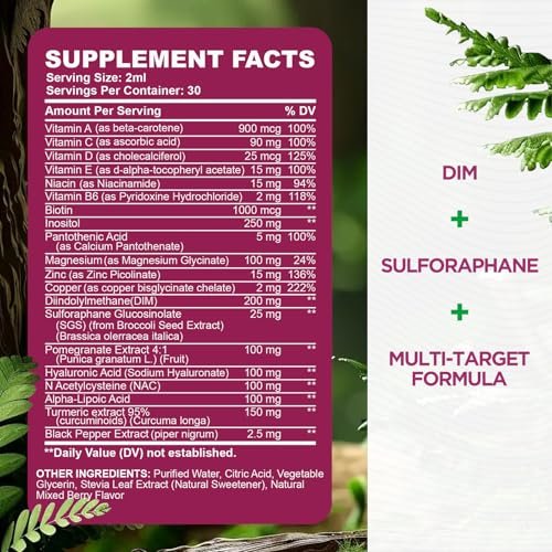 DIM Liquid Drops Supplement für Frauen – Hormonharmonie, Akne-Unterstützung & Multivitamine mit Inositol, Sulforaphan – Hormonbalance, klare Haut & Stimmungsunterstützung, gemischter Beerengeschmack 59 ml