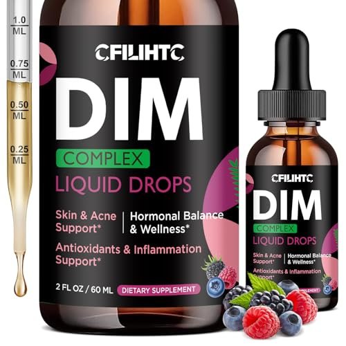 DIM Liquid Drops Supplement für Frauen – Hormonharmonie, Akne-Unterstützung & Multivitamine mit Inositol, Sulforaphan – Hormonbalance, klare Haut & Stimmungsunterstützung, gemischter Beerengeschmack 59 ml