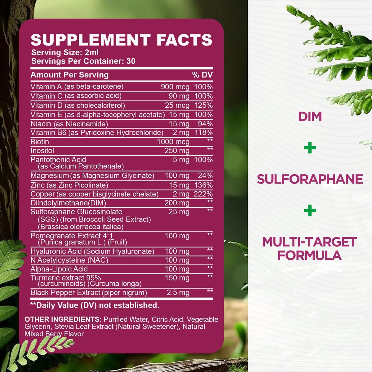 DIM Liquid Drops Supplement für Frauen – Hormonharmonie, Akne-Unterstützung & Multivitamine mit Inositol, Sulforaphan – Hormonbalance, klare Haut & Stimmungsunterstützung, gemischter Beerengeschmack 59 ml