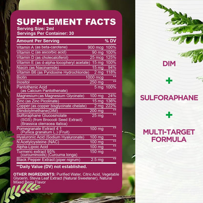 DIM Liquid Drops Supplement für Frauen – Hormonharmonie, Akne-Unterstützung & Multivitamine mit Inositol, Sulforaphan – Hormonbalance, klare Haut & Stimmungsunterstützung, gemischter Beerengeschmack 59 ml