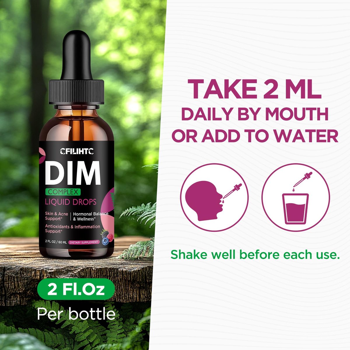 DIM Liquid Drops Supplement für Frauen – Hormonharmonie, Akne-Unterstützung & Multivitamine mit Inositol, Sulforaphan – Hormonbalance, klare Haut & Stimmungsunterstützung, gemischter Beerengeschmack 59 ml