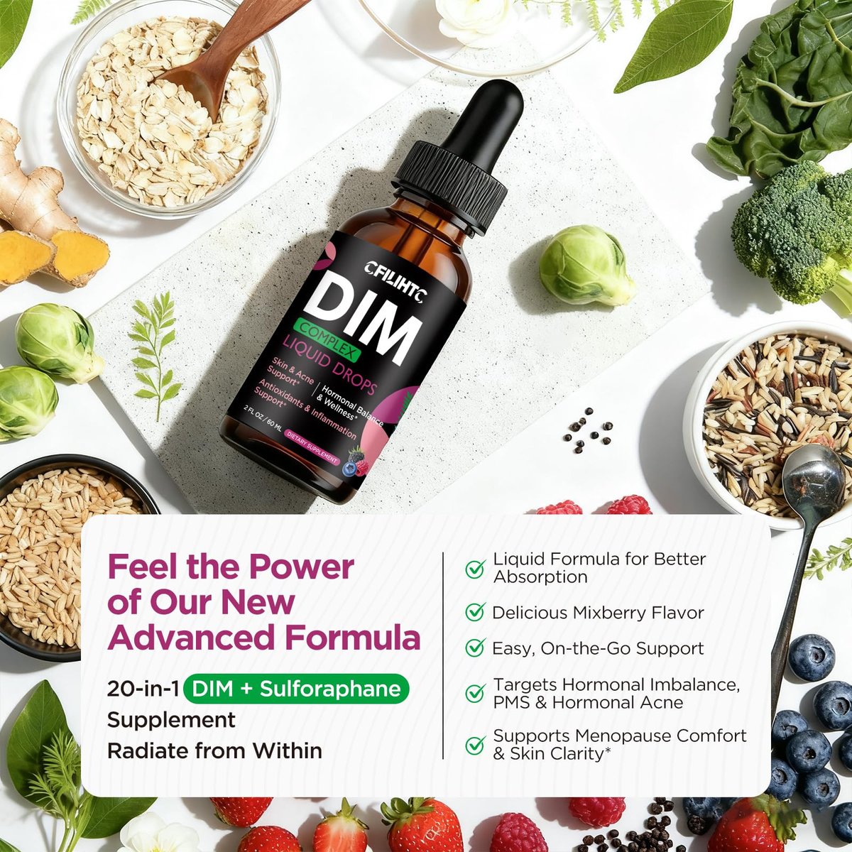 DIM Liquid Drops Supplement für Frauen – Hormonharmonie, Akne-Unterstützung & Multivitamine mit Inositol, Sulforaphan – Hormonbalance, klare Haut & Stimmungsunterstützung, gemischter Beerengeschmack 59 ml
