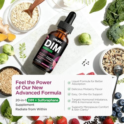 DIM Liquid Drops Supplement für Frauen – Hormonharmonie, Akne-Unterstützung & Multivitamine mit Inositol, Sulforaphan – Hormonbalance, klare Haut & Stimmungsunterstützung, gemischter Beerengeschmack 59 ml