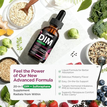 DIM Liquid Drops Supplement für Frauen – Hormonharmonie, Akne-Unterstützung & Multivitamine mit Inositol, Sulforaphan – Hormonbalance, klare Haut & Stimmungsunterstützung, gemischter Beerengeschmack 59 ml