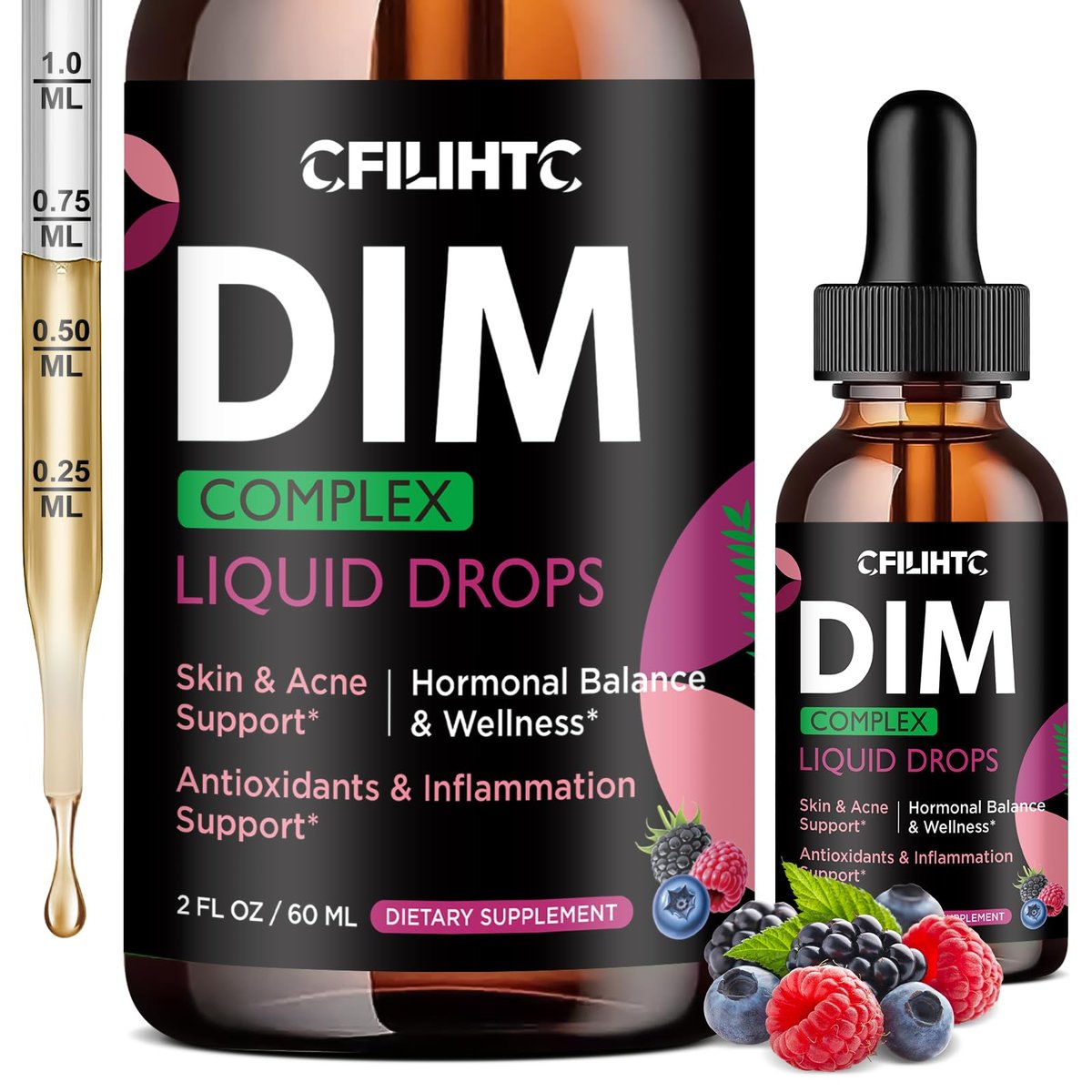 DIM Liquid Drops Supplement für Frauen – Hormonharmonie, Akne-Unterstützung & Multivitamine mit Inositol, Sulforaphan – Hormonbalance, klare Haut & Stimmungsunterstützung, gemischter Beerengeschmack 59 ml