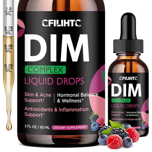 DIM Liquid Drops Supplement für Frauen – Hormonharmonie, Akne-Unterstützung & Multivitamine mit Inositol, Sulforaphan – Hormonbalance, klare Haut & Stimmungsunterstützung, gemischter Beerengeschmack 59 ml