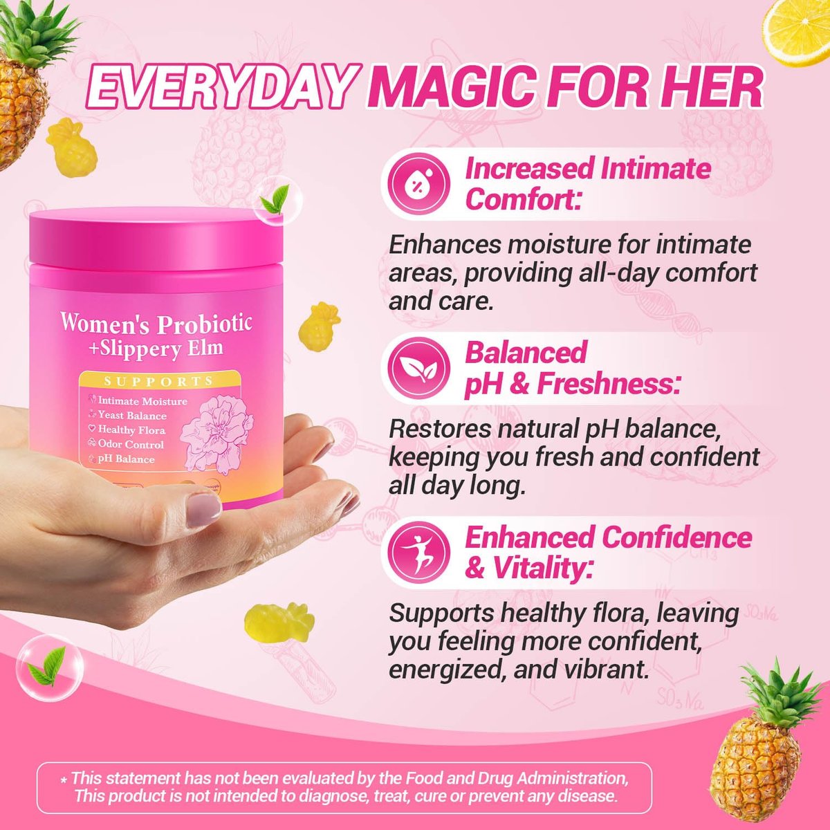 Yooloks Her Juicy Feminine Probiotische Gummis – Premium Frauen-Balance-Gummis mit Ulmenrinde für pH-Gleichgewicht, gesunden Geruch, Flora- und Immununterstützung – 30-Tage-Vorrat
