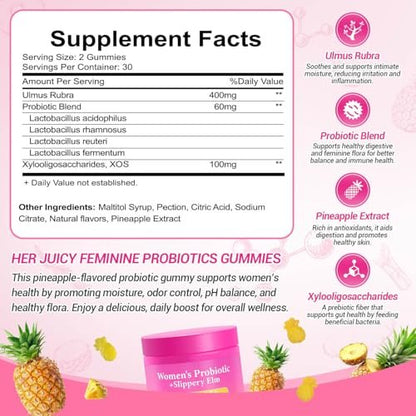Yooloks Her Juicy Feminine Probiotische Gummis – Premium Frauen-Balance-Gummis mit Ulmenrinde für pH-Gleichgewicht, gesunden Geruch, Flora- und Immununterstützung – 30-Tage-Vorrat