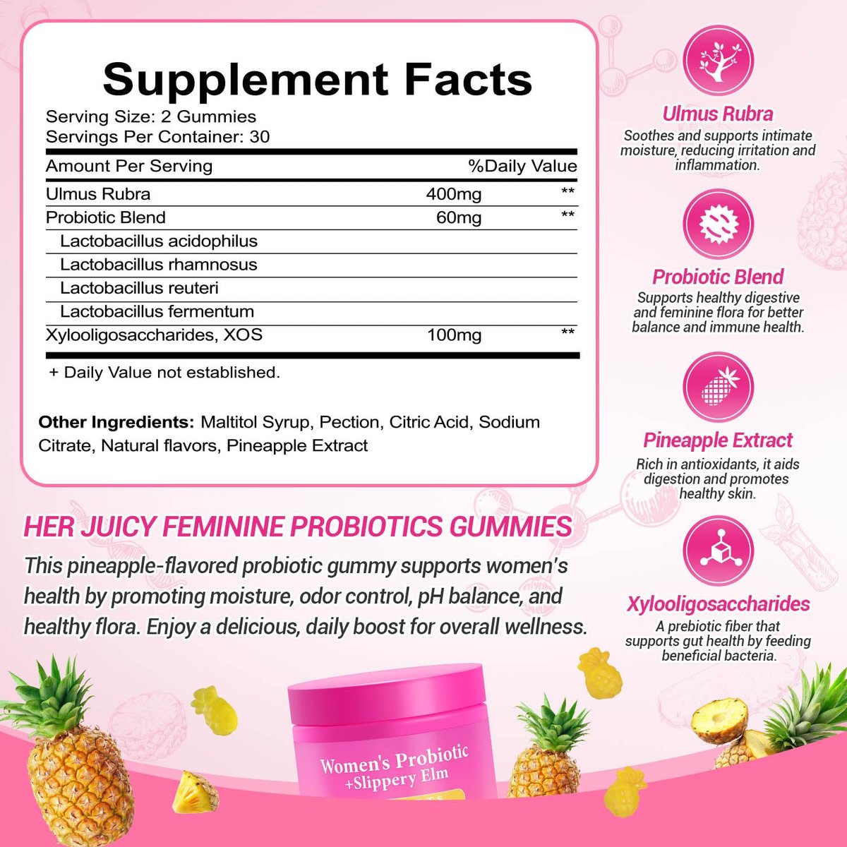 Yooloks Her Juicy Feminine Probiotische Gummis – Premium Frauen-Balance-Gummis mit Ulmenrinde für pH-Gleichgewicht, gesunden Geruch, Flora- und Immununterstützung – 30-Tage-Vorrat