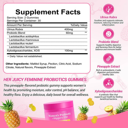 Yooloks Her Juicy Feminine Probiotische Gummis – Premium Frauen-Balance-Gummis mit Ulmenrinde für pH-Gleichgewicht, gesunden Geruch, Flora- und Immununterstützung – 30-Tage-Vorrat