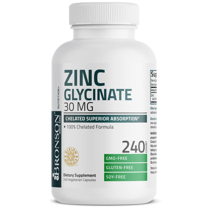 Bronson Zinkglycinat 30mg Chelat – Hoch bioverfügbares Zink, 100% chelatierte Formel, Non-GMO, 240 Kapseln