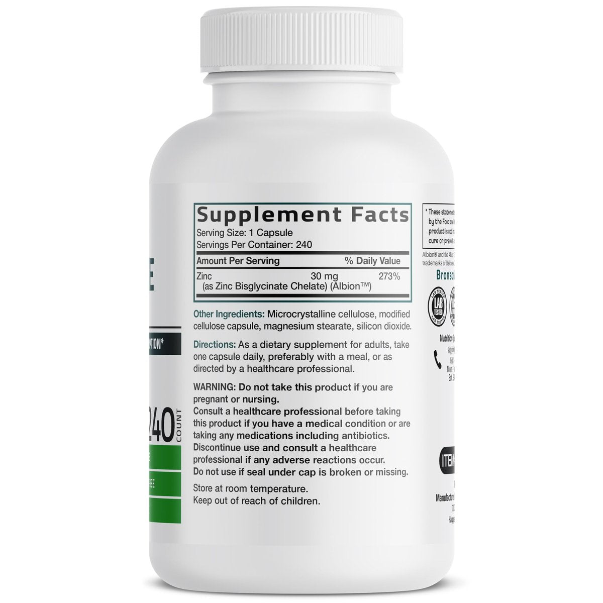 Bronson Zinkglycinat 30mg Chelat – Hoch bioverfügbares Zink, 100% chelatierte Formel, Non-GMO, 240 Kapseln
