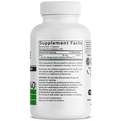 Bronson Zinkglycinat 30mg Chelat – Hoch bioverfügbares Zink, 100% chelatierte Formel, Non-GMO, 240 Kapseln