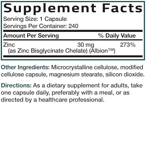 Bronson Zinkglycinat 30mg Chelat – Hoch bioverfügbares Zink, 100% chelatierte Formel, Non-GMO, 240 Kapseln