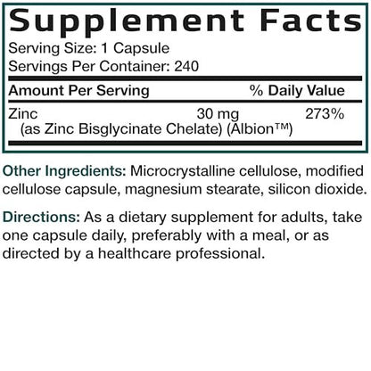 Bronson Zinkglycinat 30mg Chelat – Hoch bioverfügbares Zink, 100% chelatierte Formel, Non-GMO, 240 Kapseln