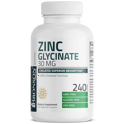 Bronson Zinkglycinat 30mg Chelat – Hoch bioverfügbares Zink, 100% chelatierte Formel, Non-GMO, 240 Kapseln