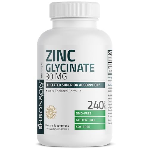 Bronson Zinkglycinat 30mg Chelat – Hoch bioverfügbares Zink, 100% chelatierte Formel, Non-GMO, 240 Kapseln