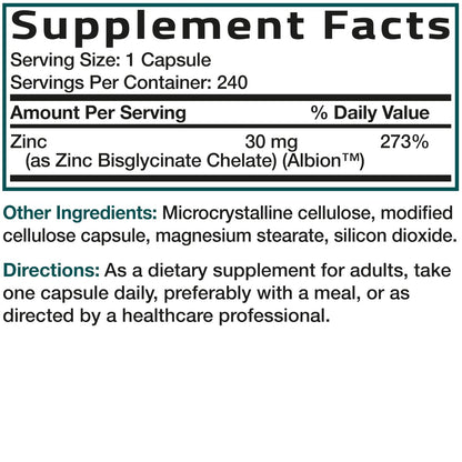 Bronson Zinkglycinat 30mg Chelat – Hoch bioverfügbares Zink, 100% chelatierte Formel, Non-GMO, 240 Kapseln