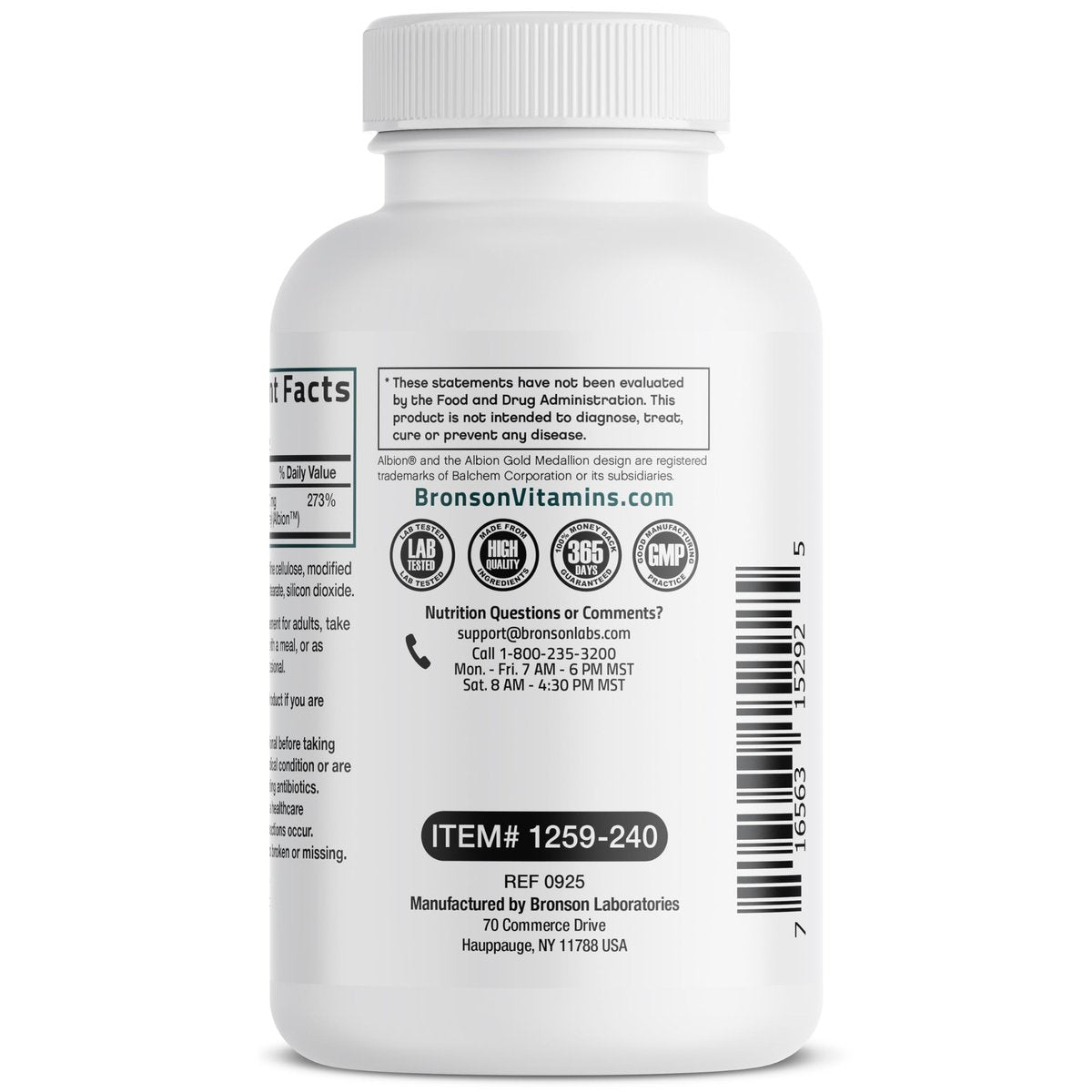 Bronson Zinkglycinat 30mg Chelat – Hoch bioverfügbares Zink, 100% chelatierte Formel, Non-GMO, 240 Kapseln