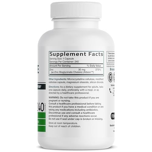 Bronson Zinkglycinat 30mg Chelat – Hoch bioverfügbares Zink, 100% chelatierte Formel, Non-GMO, 240 Kapseln