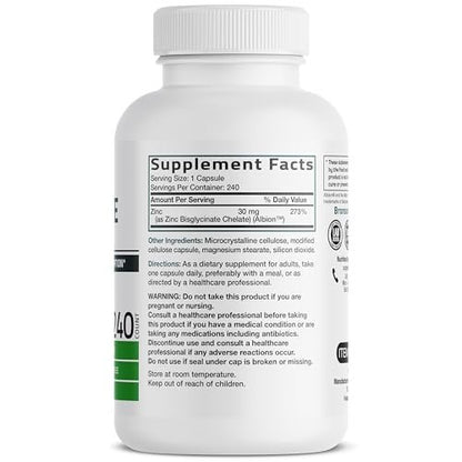 Bronson Zinkglycinat 30mg Chelat – Hoch bioverfügbares Zink, 100% chelatierte Formel, Non-GMO, 240 Kapseln