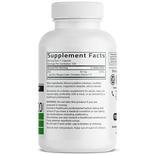 Bronson Zinkglycinat 30 mg – Chelatiert, Höchste Bioverfügbarkeit, 100% Chelatkomplex, Nicht-GVO, 120 Kapseln