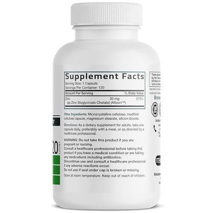 Bronson Zinkglycinat 30 mg – Chelatiert, Höchste Bioverfügbarkeit, 100% Chelatkomplex, Nicht-GVO, 120 Kapseln