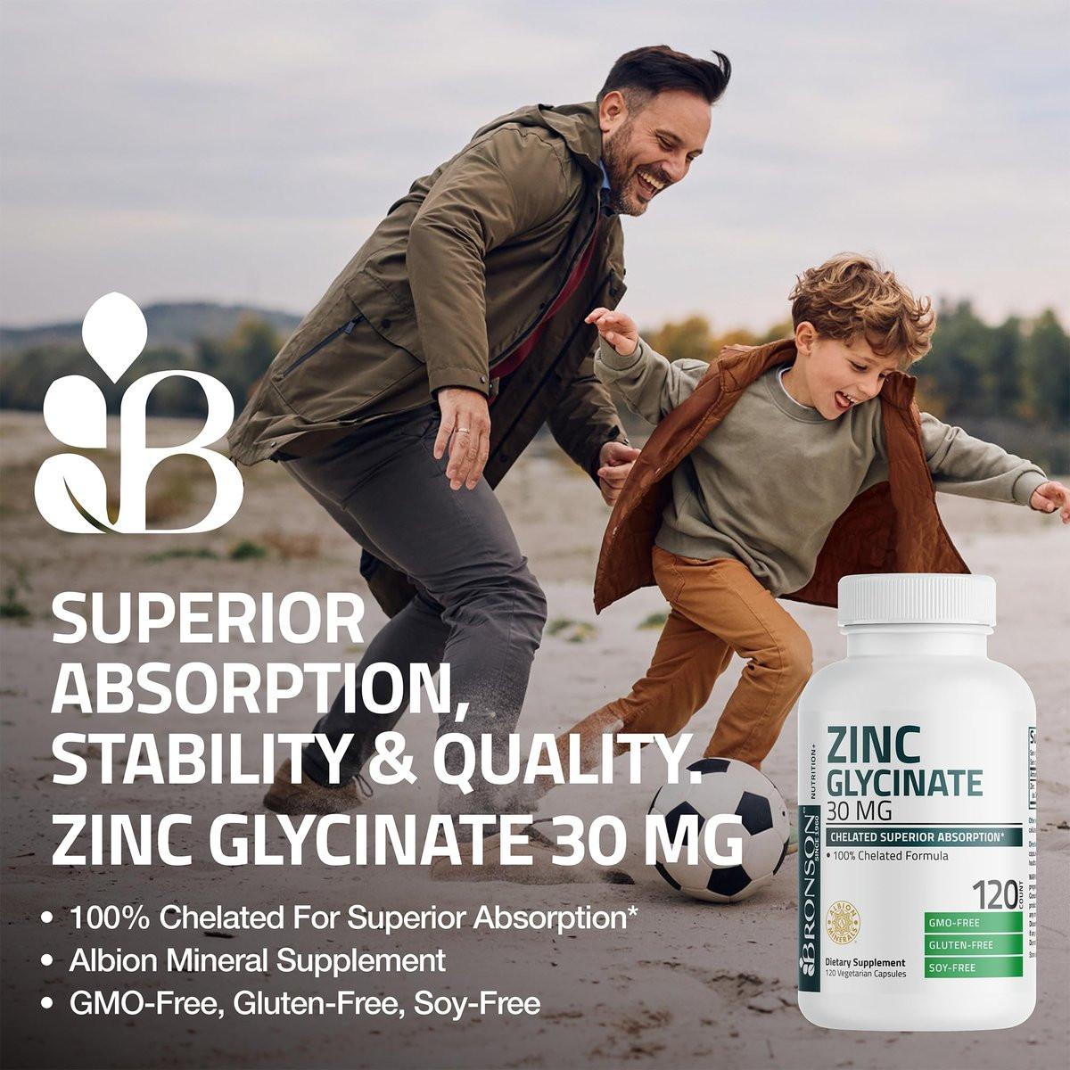Bronson Zinkglycinat 30 mg – Chelatiert, Höchste Bioverfügbarkeit, 100% Chelatkomplex, Nicht-GVO, 120 Kapseln