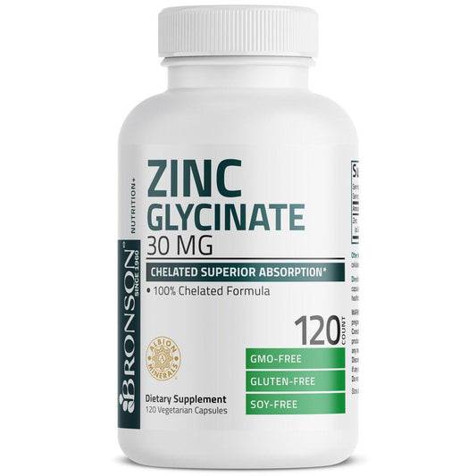 Bronson Zinkglycinat 30 mg – Chelatiert, Höchste Bioverfügbarkeit, 100% Chelatkomplex, Nicht-GVO, 120 Kapseln