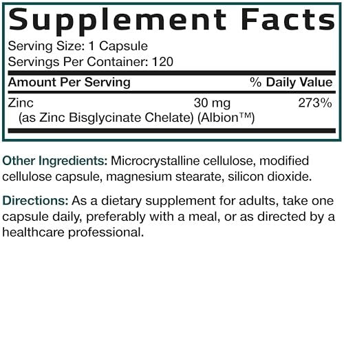 Bronson Zinkglycinat 30mg Chelat – Hoch bioverfügbares Zink, 100% chelatierte Formel, Non-GMO, 240 Kapseln