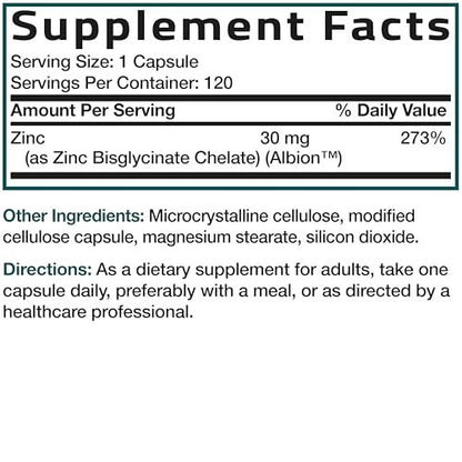 Bronson Zinkglycinat 30mg Chelat – Hoch bioverfügbares Zink, 100% chelatierte Formel, Non-GMO, 240 Kapseln