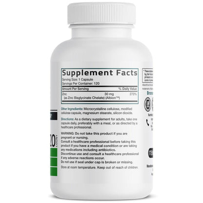 Bronson Zinkglycinat 30 mg – Chelatiert, Höchste Bioverfügbarkeit, 100% Chelatkomplex, Nicht-GVO, 120 Kapseln