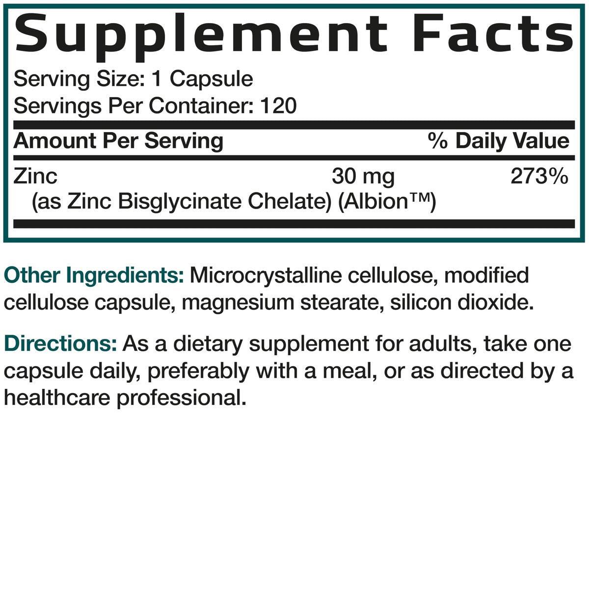 Bronson Zinkglycinat 30 mg – Chelatiert, Höchste Bioverfügbarkeit, 100% Chelatkomplex, Nicht-GVO, 120 Kapseln