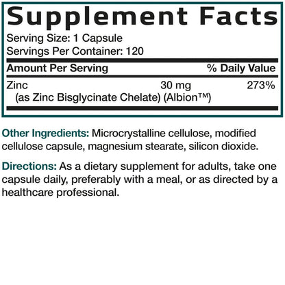Bronson Zinkglycinat 30 mg – Chelatiert, Höchste Bioverfügbarkeit, 100% Chelatkomplex, Nicht-GVO, 120 Kapseln