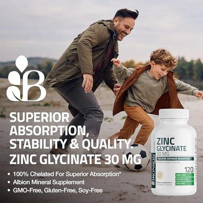 Bronson Zinkglycinat 30 mg – Chelatiert, Höchste Bioverfügbarkeit, 100% Chelatkomplex, Nicht-GVO, 120 Kapseln