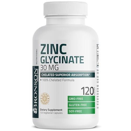 Bronson Zinkglycinat 30 mg – Chelatiert, Höchste Bioverfügbarkeit, 100% Chelatkomplex, Nicht-GVO, 120 Kapseln